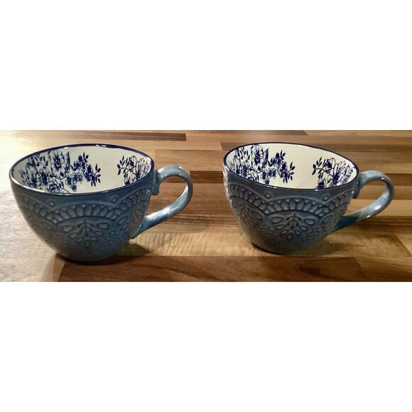 Gabriela Blue Pfaltzgraff 2 Coffee Cups Blue Flowers inside Raised Design - Picture 3 of 10